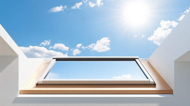 Flush skylight on a white roof, open to a bright blue sky with scattered clouds and sunlight.