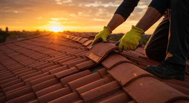 Worker in yellow gloves kneels on a clay tile roof at sunset, smoothing a ridge tile.