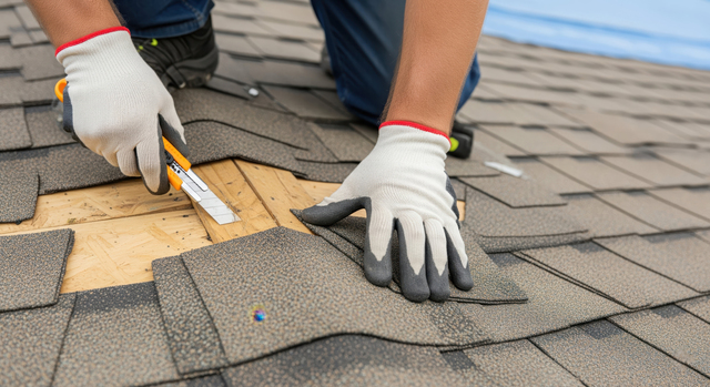 Gloved hands cut a roof shingle with a utility knife while replacing shingles on a pitched roof, exposing wood underneath earlier.