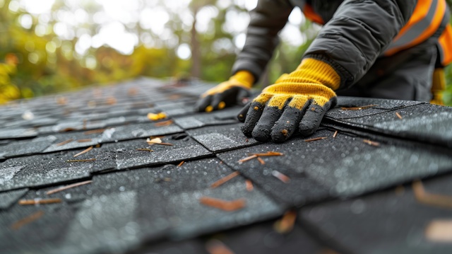 Worker in yellow gloves and safety vest presses on dark roof shingles, removing fallen leaves (autumn).