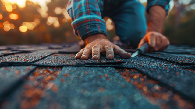 Close-up of a worker's hands pressing asphalt shingles on a roof during sunset, wearing a plaid shirt.