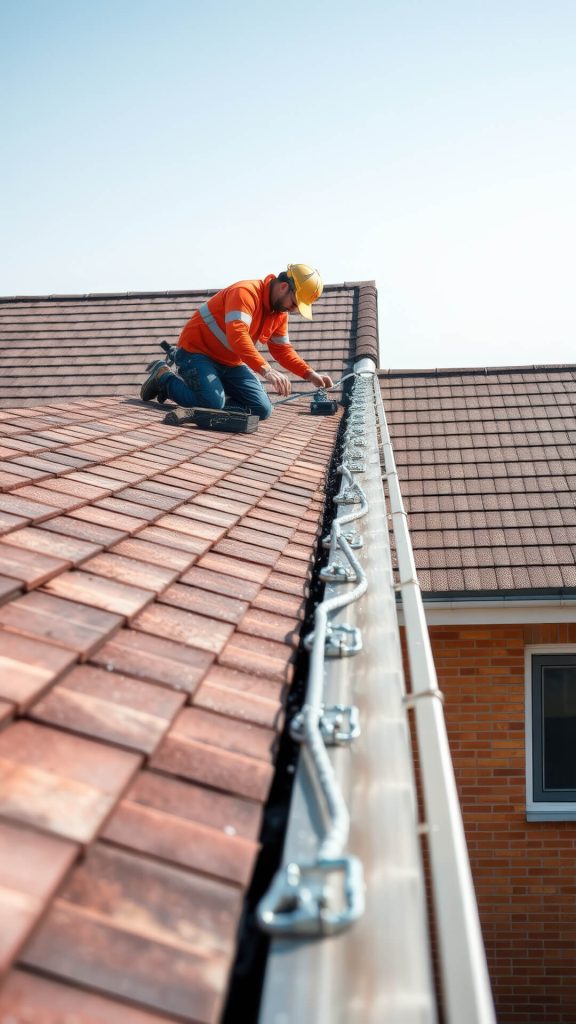 Construction worker in orange safety gear and a yellow hard hat kneels on a tiled roof, securing the gutter along the edge.