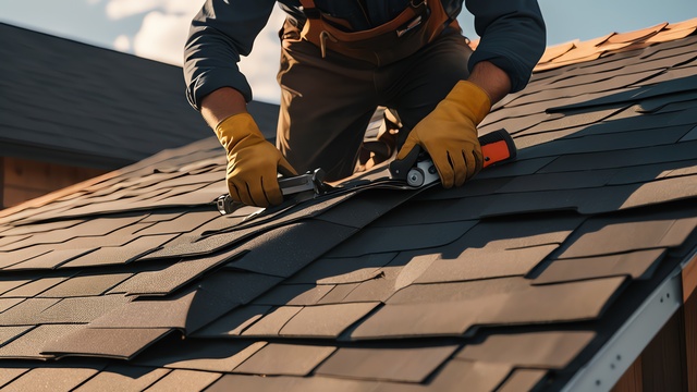 Roofer on a sloped roof wearing yellow gloves, trimming or adjusting asphalt shingles with hand tools