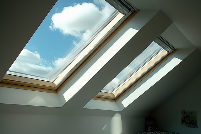 Skylights on a sloped ceiling letting in bright daylight with blue sky and clouds outside.